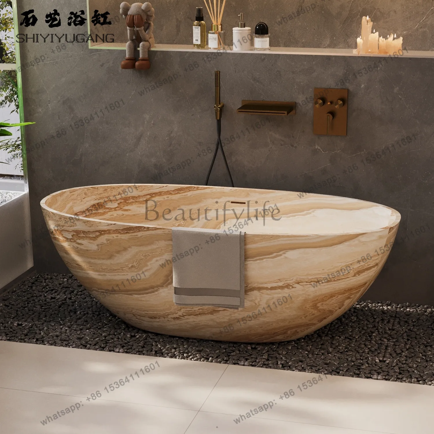 Yellow sand freestanding artificial stone oval bathtub B & B hotel household deep bath
