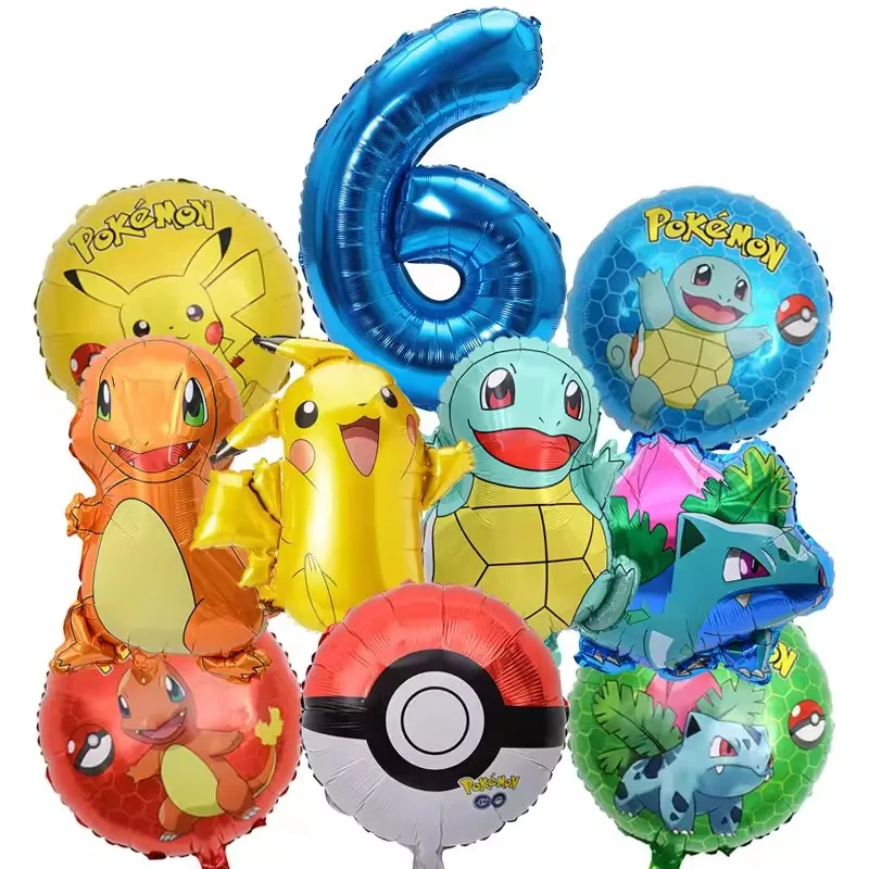 10-teiliges Pokemon-Luftballons-Set, Pikachu-Pokemon-Ball-Luftballons, 32 Zoll, blauer Zahlenballon für Kinder, Dekoration für die 1.-9. Geburtstagsfeier
