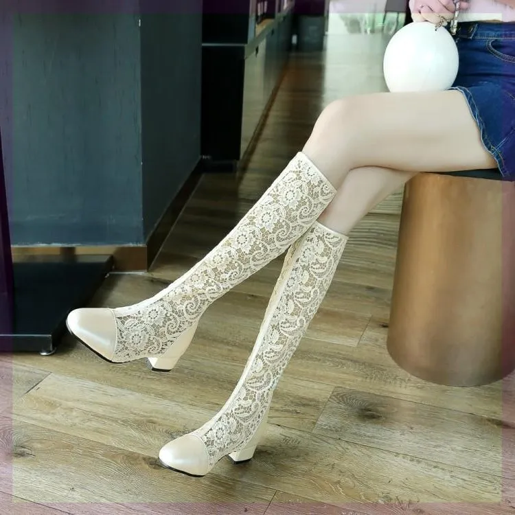 

Summer Women Mesh Boots Female Long Cool Boots Low Heel Thick White Beige Lace Large Size 42 43 Knee High Boot Cross Straps