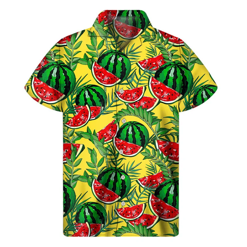 2024 Colorful Watermelon Graphic Hawaiian Shirt Summer Tops Short Sleeves 3d Printed Fruit Button Shirt Men Clothes Lapel Blouse