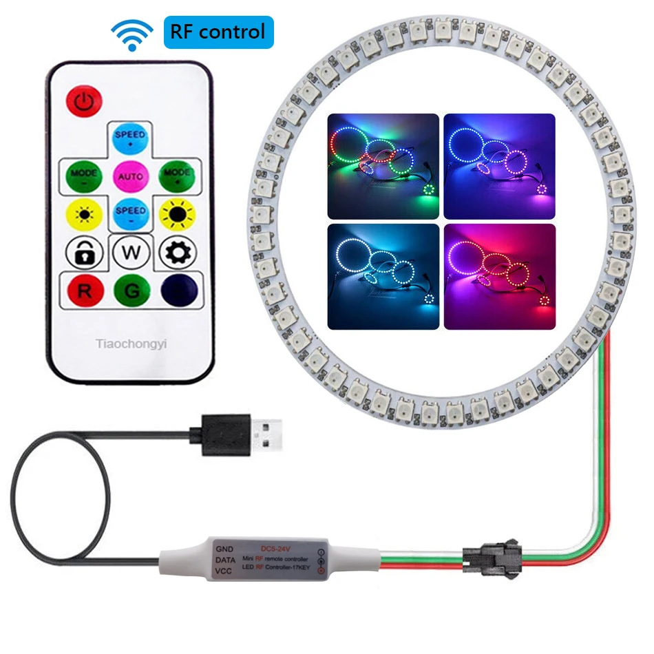 WS2812B LED Ring 8/16/24/35/45Leds WS2812 Pixel Module Individually Addressable RGB Lights Ring 5050 14Key USB RF Controller Kit