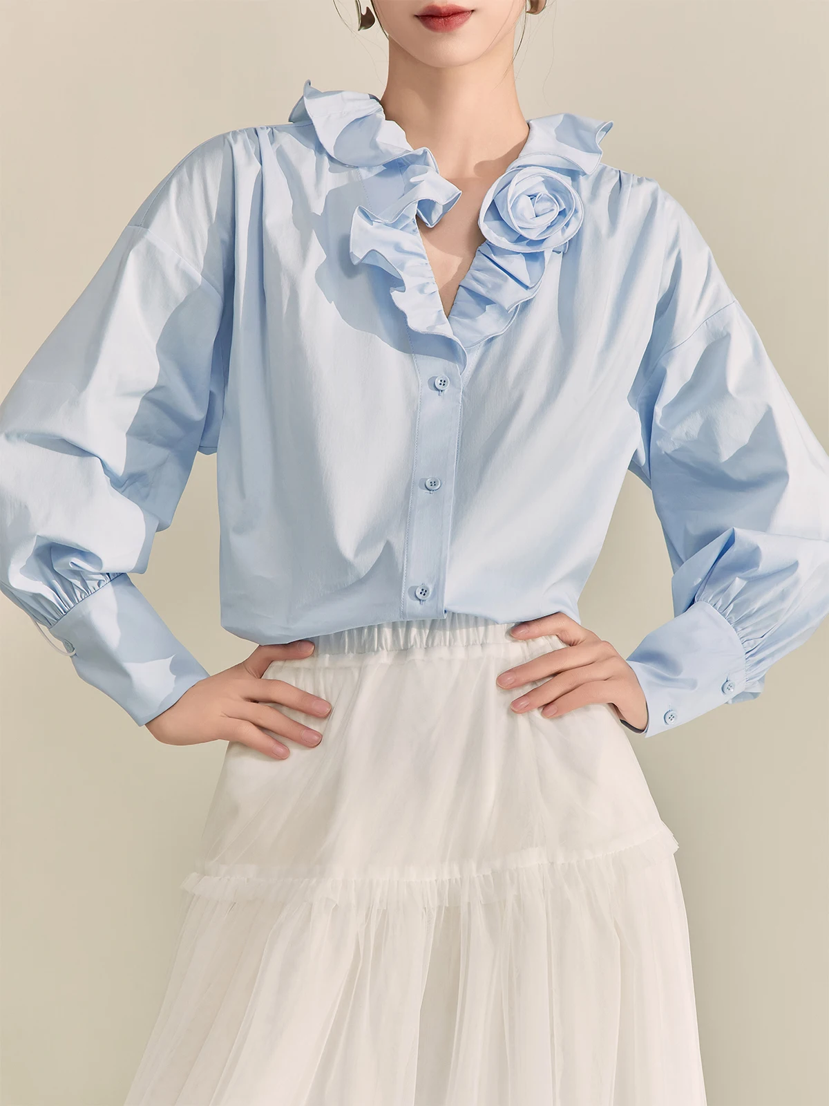 

Синяя свободная блузка с 3D-воротником в виде розы, винтажный романтический дизайн, высококачественный летний топ для женщин, из полиэфирного волокна, длинный рукав.