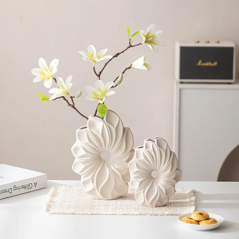 24cm Flower Ceramic Vase Desktop Sun Blossom Shape Pot Unglazed Bisque Pottery Dried Plant Holder Home Aesthetics Decor Nordic