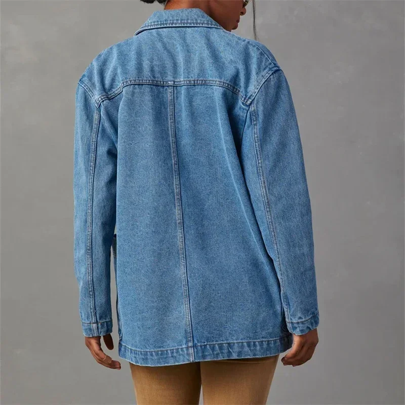 Women New Large Pockets Patchwork Suit Collar Denim Jacket Two Button Cardigan Long Sleeve Coat Female Office Commuter Outerwear