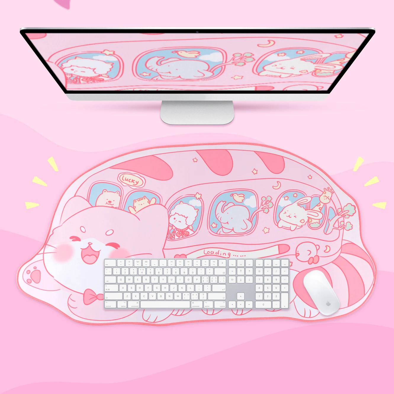 

Extra Large Kawaii Gaming Mouse Pad Cute Pastel Pink Bus Cat XXL Big Desk Mat Water Proof Nonslip Laptop Desk Accessories