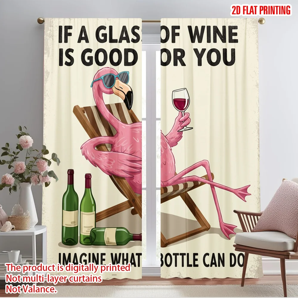 

2pcs 2D flat printing Window Curtains Flamingo Wine Lover Relaxing Polyester Without Electricity Holiday Decorations Use for