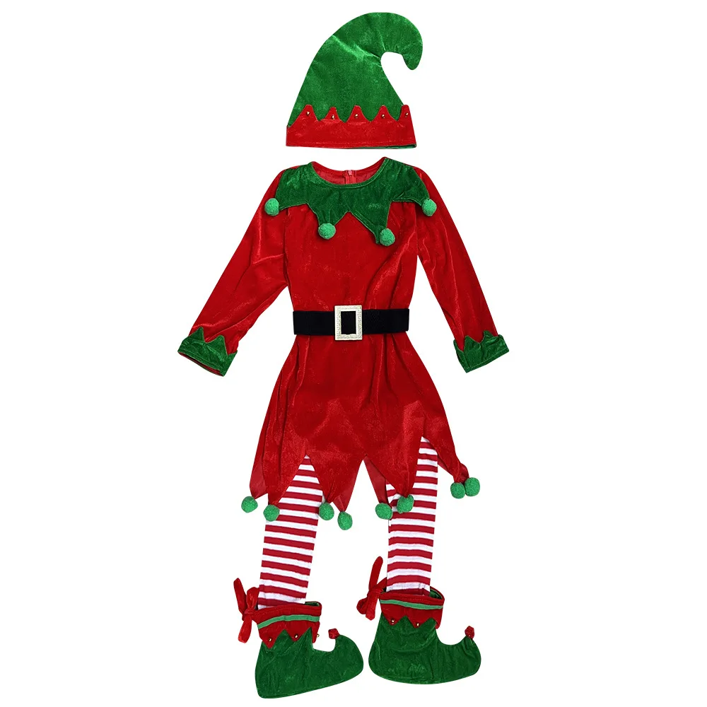 

Рождественский костюм для детей, новогоднее платье эльфа для девочек, рождественская шляпа для стариков, нарядное платье, комплект праздничных платьев
