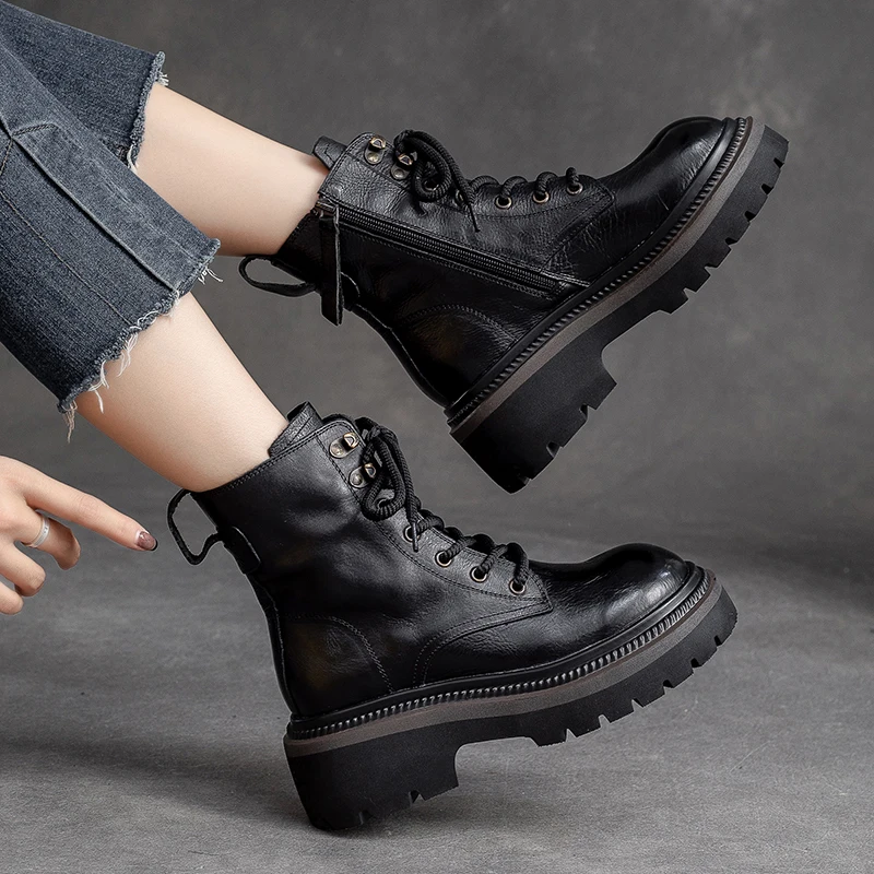 DRKANOL Luxury Design Pleated Genuine Leather Ankle Boots For Women Autumn Winter Thick Heel Platform Street Trend Warm Boots