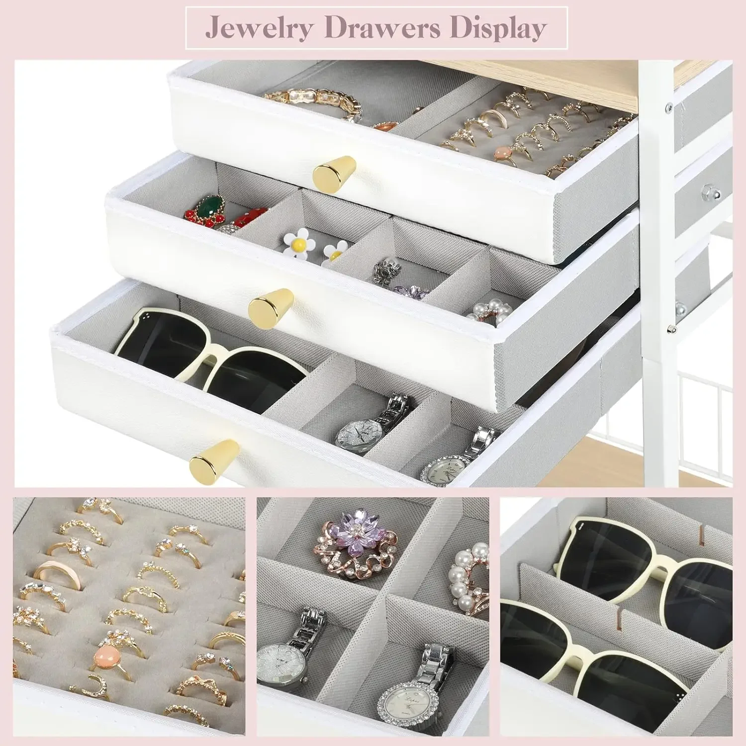 

Large Jewelry Organizer Stand with 3 Box Drawer - Necklace Organizer Earring Storage Armoire Holder with Display