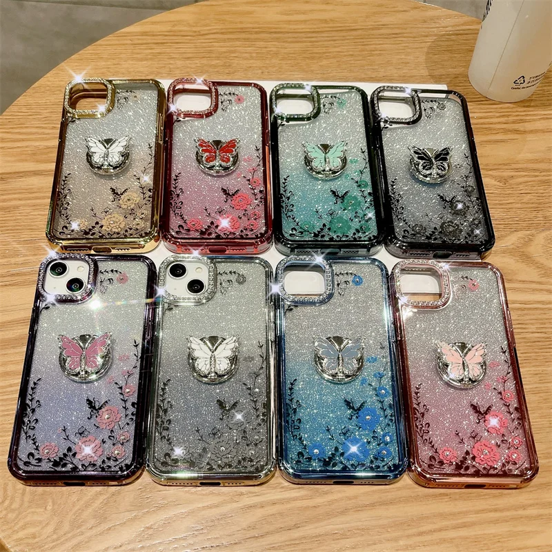 Lens drill gradient secret garden butterfly stand phone case For iPhone 15 14 13 12 11 Pro Max Phone Cover