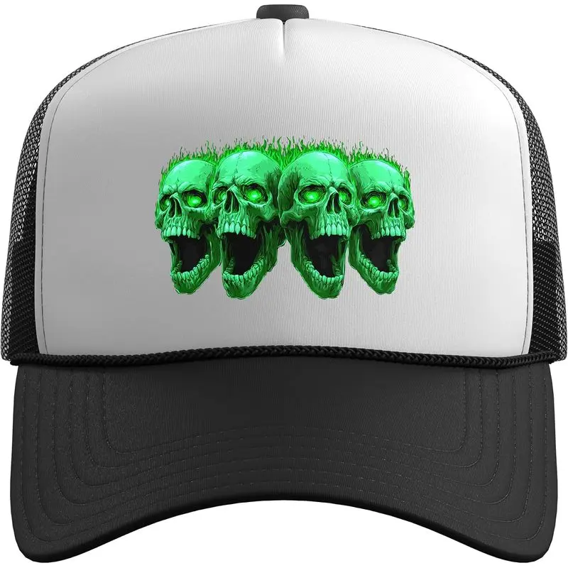 Cool Flaming Skulls Graphic Lime Green Trucker Hat with Adjustable Mesh Back