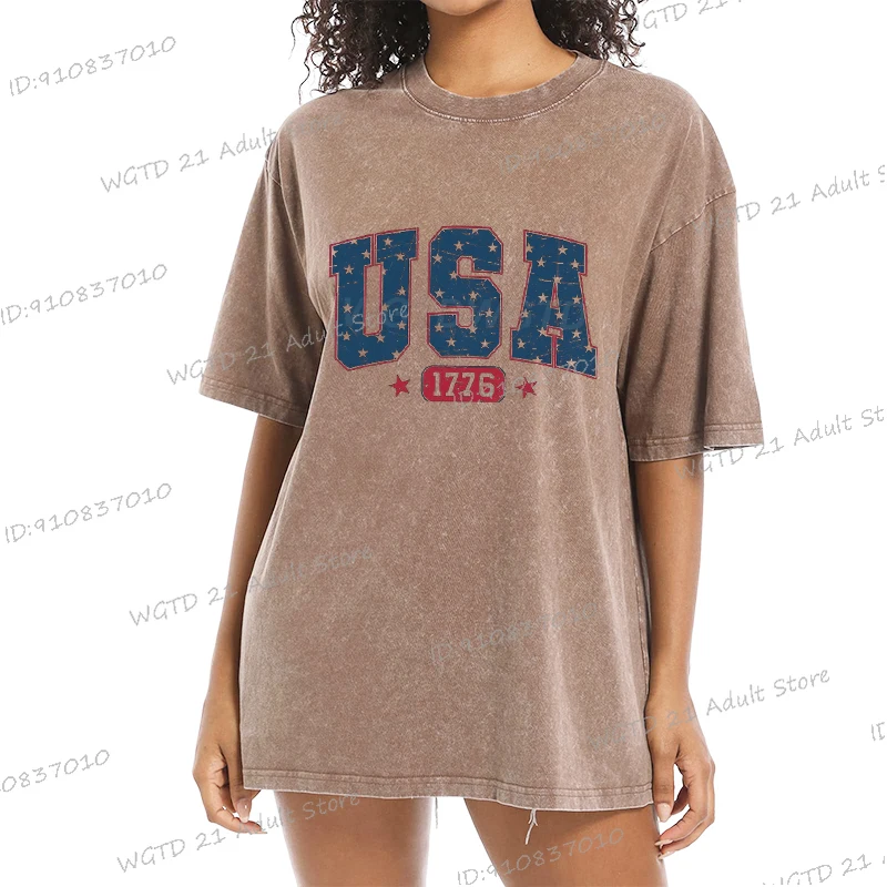 

Men USA 1776 July 4th Print T Shirt Vintage Independence Day Streetwear 100% Cotton Washed Tops Creative Crew Neck Unisex Tshirt