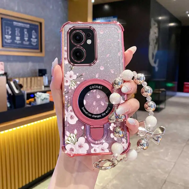 Reno13F Pearl Strap Glitter flower Phone Holder Case For Oppo Reno 12F 13F 12 13 11 10 8 8T 6 9 Pro Plus 4G 5G Reno12f Cover