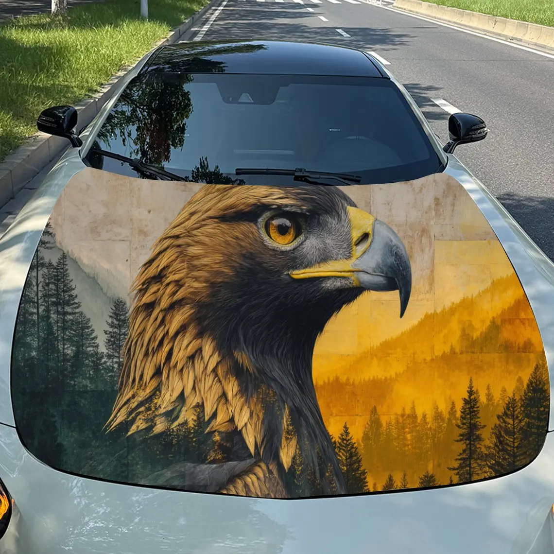 

Виниловая пленка для автомобиля Mountain Eagle Forest Sunset, водонепроницаемая наклейка на капот автомобиля из ПВХ, самоклеящиеся устойчивые к царапинам наклейки для двигателя