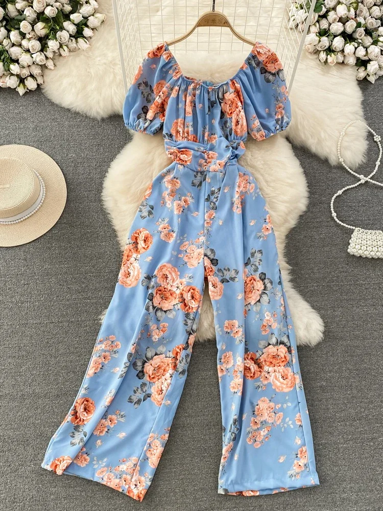 Jumpsuit kerah kotak wanita, Jumpsuit berkerut lengan Puff pendek elegan liburan pantai pinggang tinggi motif bunga musim panas