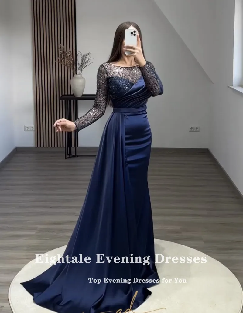 Eightale Navy Blue Evening Dresses สำหรับผู้หญิง Sparkly แขนยาวซาตินคำพรหมพรรคงานแต่งงาน Sukienki Na Studniówkę