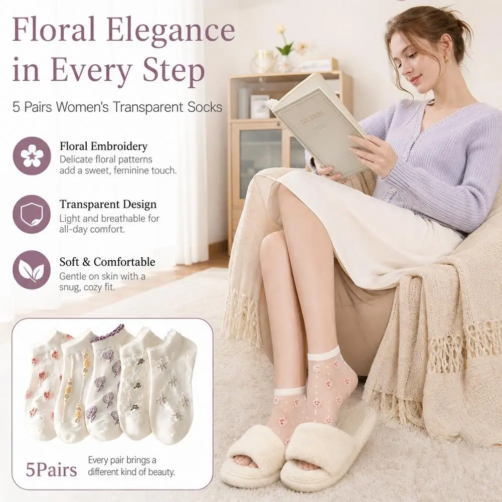 5Pairs Women Sheer Socks Thin Transparent Glass Silk Crystal Ankle Low Cut Breathable Cotton Bottom Cute Embroidery Meias