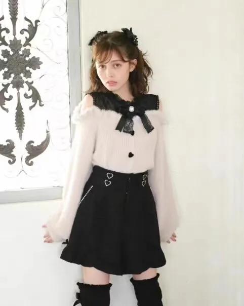 Sweet Japanese Style Furry Lace Shoulder Bared Long Sleeve Short Knitted Sweater Commute Style Slim Fit round Neck Cardigan