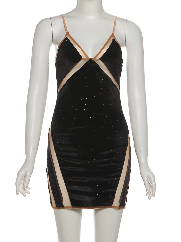 Kliou Mesh Patchwork Sling Dress Woman 2026 Spring New Style Low-Neck Backless Sleeveless Skinny Peach Hip Classic Mini Bodycon