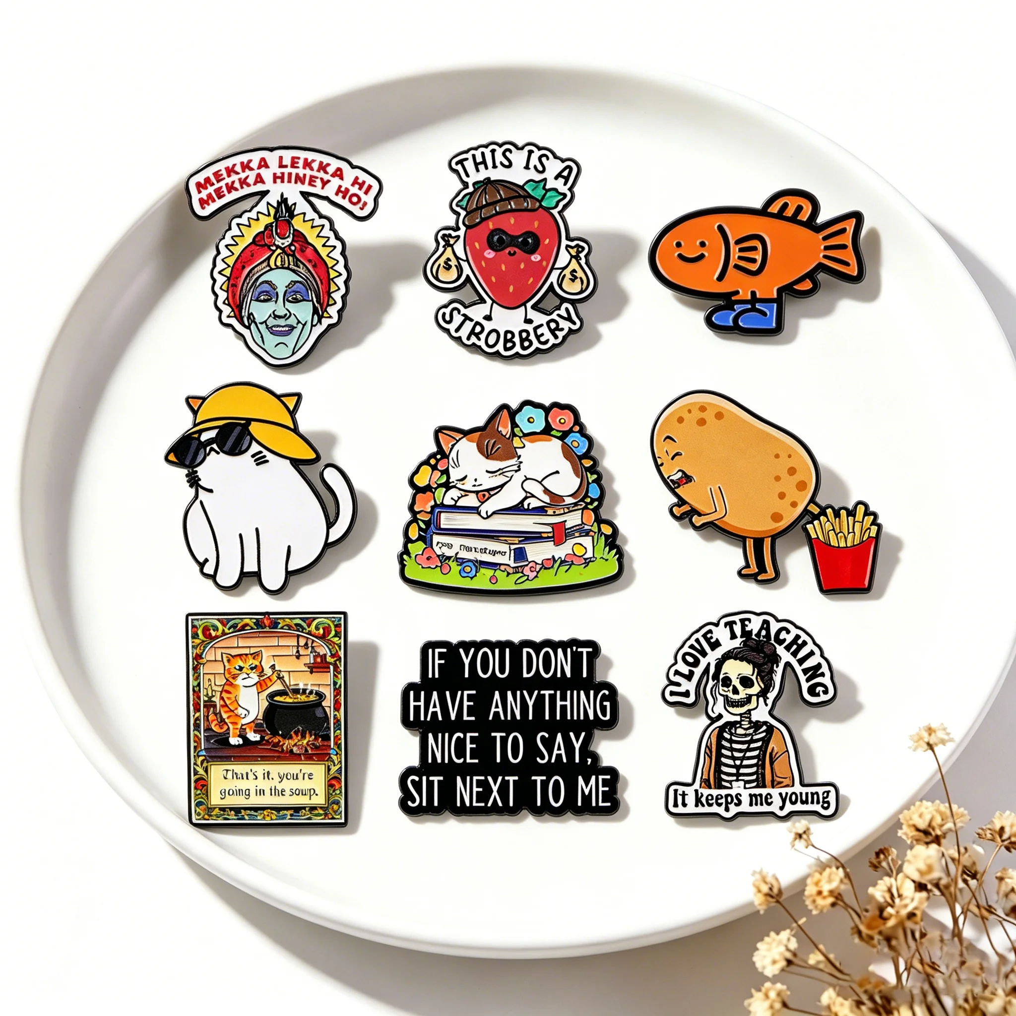 Cartoon Cat Quotes Enamel Pin Cute Potato Badges on Backpack Fish Brooches Hat Lapel Pins Cosplay Accessories Toys Gifts