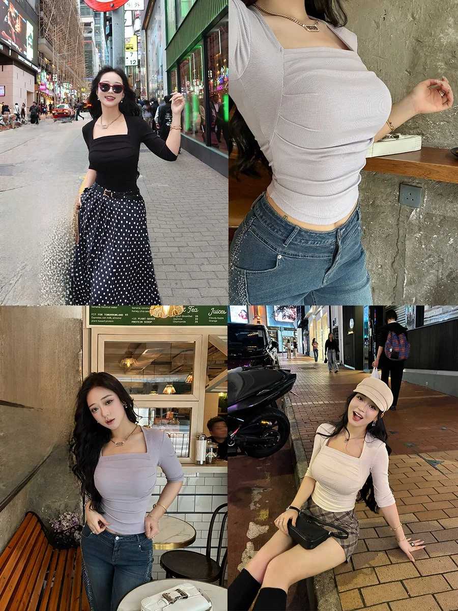 

Cherry Meat Small Simple Style Frock Casual Slim Fit Women's Top with Pleats Square Collar Arc Swinging Sleeveless Multi-Color