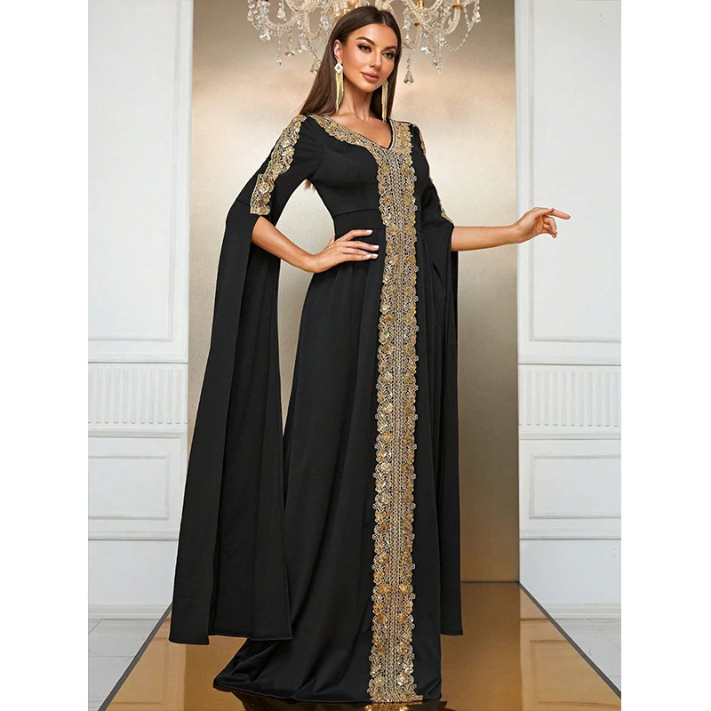 Muslim Abaya Islamic Clothing Women Long sleeve V Neck Black Elegant dubai luxury Turkey Cocktail Prom Evening party Long dress