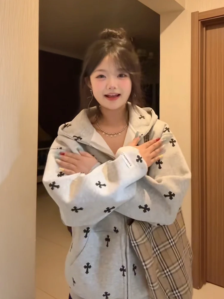 سترة كارديجان مطبوعة بغطاء للرأس على الطراز الأمريكي العصري، سترة فضفاضة عصرية للنساء بتصميم قوطي للخريف وللأزواج