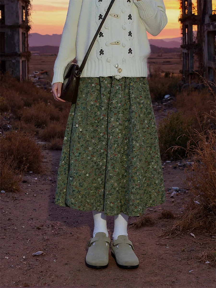 

Floral Midi Skirts Womens Plaid Patchwork Pleated Ruffle Hem High Waist College Autumn Versatile Comfortable