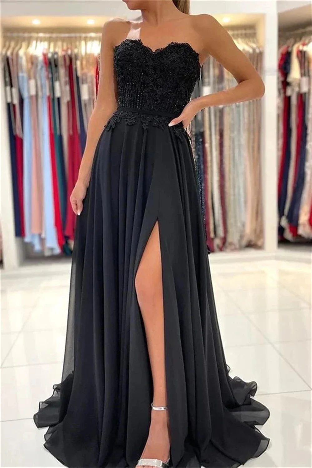 Annie-Robe de Soirée Noire en Mousseline de Soie Brodée pour Occasions Spéciales, Tenue de Bal, de Mariage, Formelle, Sans Bretelles, avec Fentes Latérales