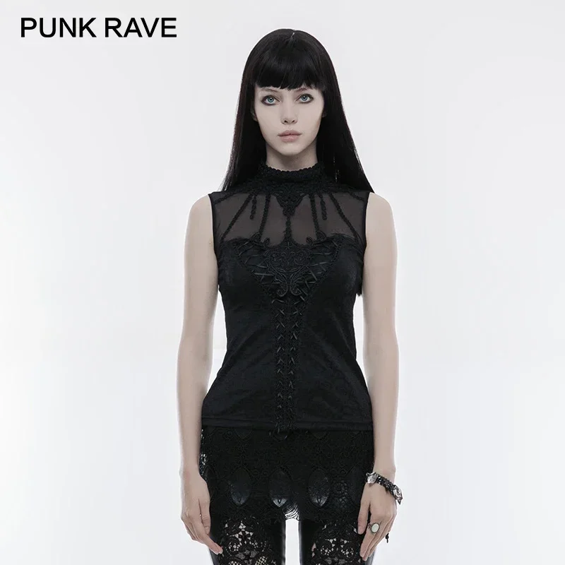 

PUNK RAVE Gothic Sleeveless Latin Women T-shirt Knit Jacquard Fringed Lace Ribbon Draw String Tops Adjustment Buckle Collar Tees