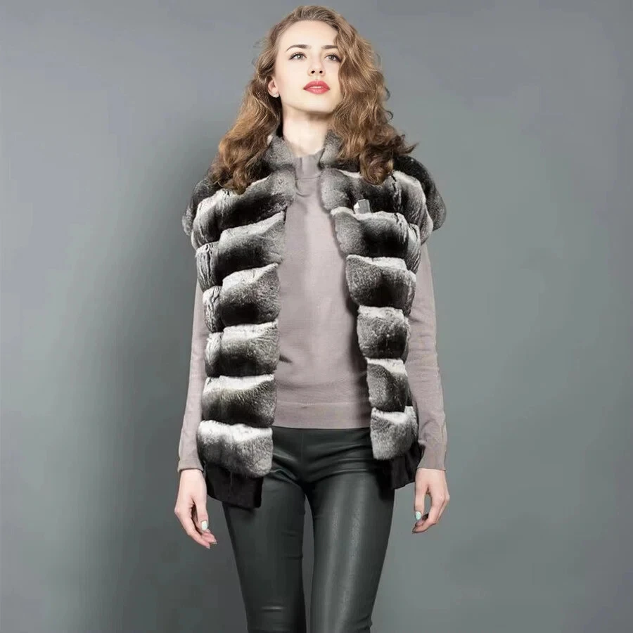 

Chinchilla Colored Fur Jacket Women Real Rex Rabbit Fur Vest Coat Autumn Winter Warm Fashion Gilet