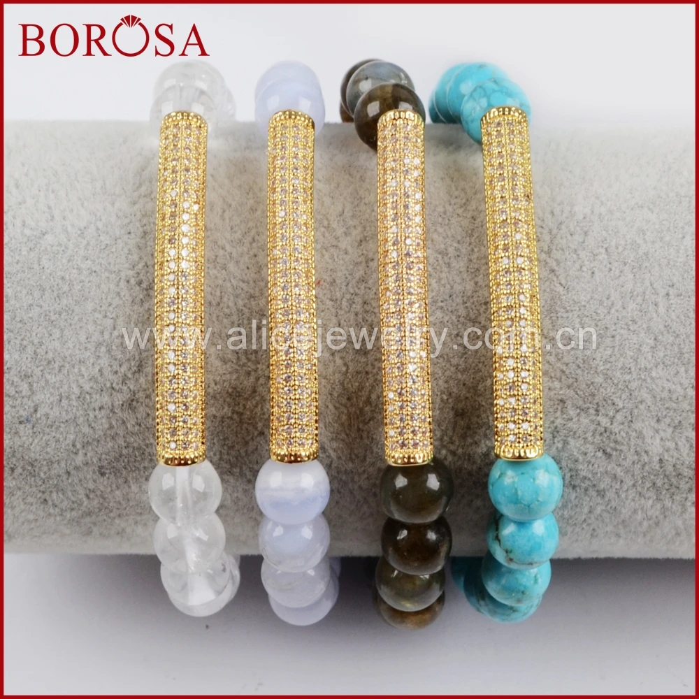 Wholesale Gold Plated CZ Tube Bar With 8mm Gemstone Beads Bracelet Jasper Beads Charm Bracelet for Lady G1475