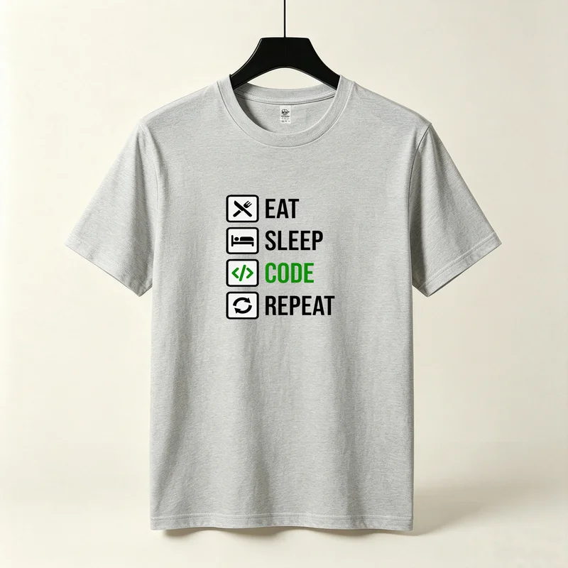 Eat Sleep Code Repeat T-Shirt Gray Coding Programmer Life Icon Print Short Sleeve Casual Streetwear Summer Fashion Tee Top