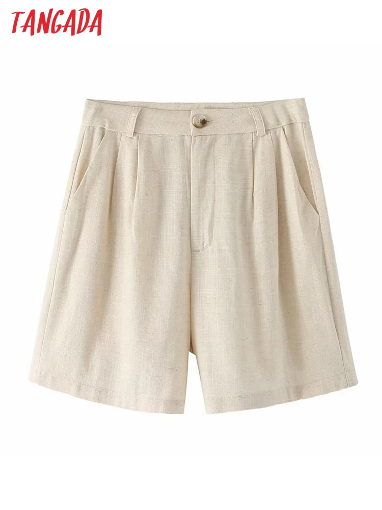 Tangada 2023 Summer Women Solid Elegant Cotton Linen Shorts Pocket Female Short Pants DA130