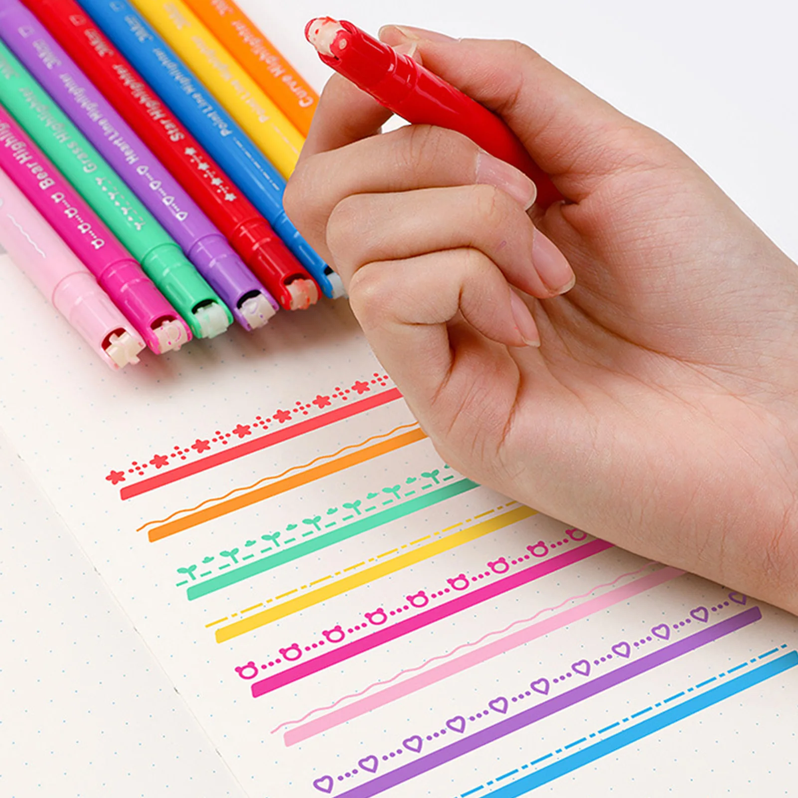 ปากกาลูกลื่นสองหัว 8 ชิ้น/ชุด ลายดอกไม้ ปากกาเขียนเส้นโค้ง ลายคลื่น สำหรับวาดภาพบนใบหน้า ร่างกาย อุปกรณ์เครื่องเขียนสำหรับโรงเรียนและสำนักงาน