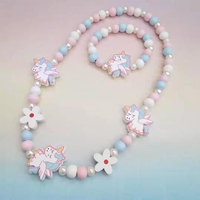 Cartoon Colorful Wooden Unicorn Flower Animal Child Sweater Necklace Bracelet Girl's Gifts Children's Jewelry Kids Toys 2pcs