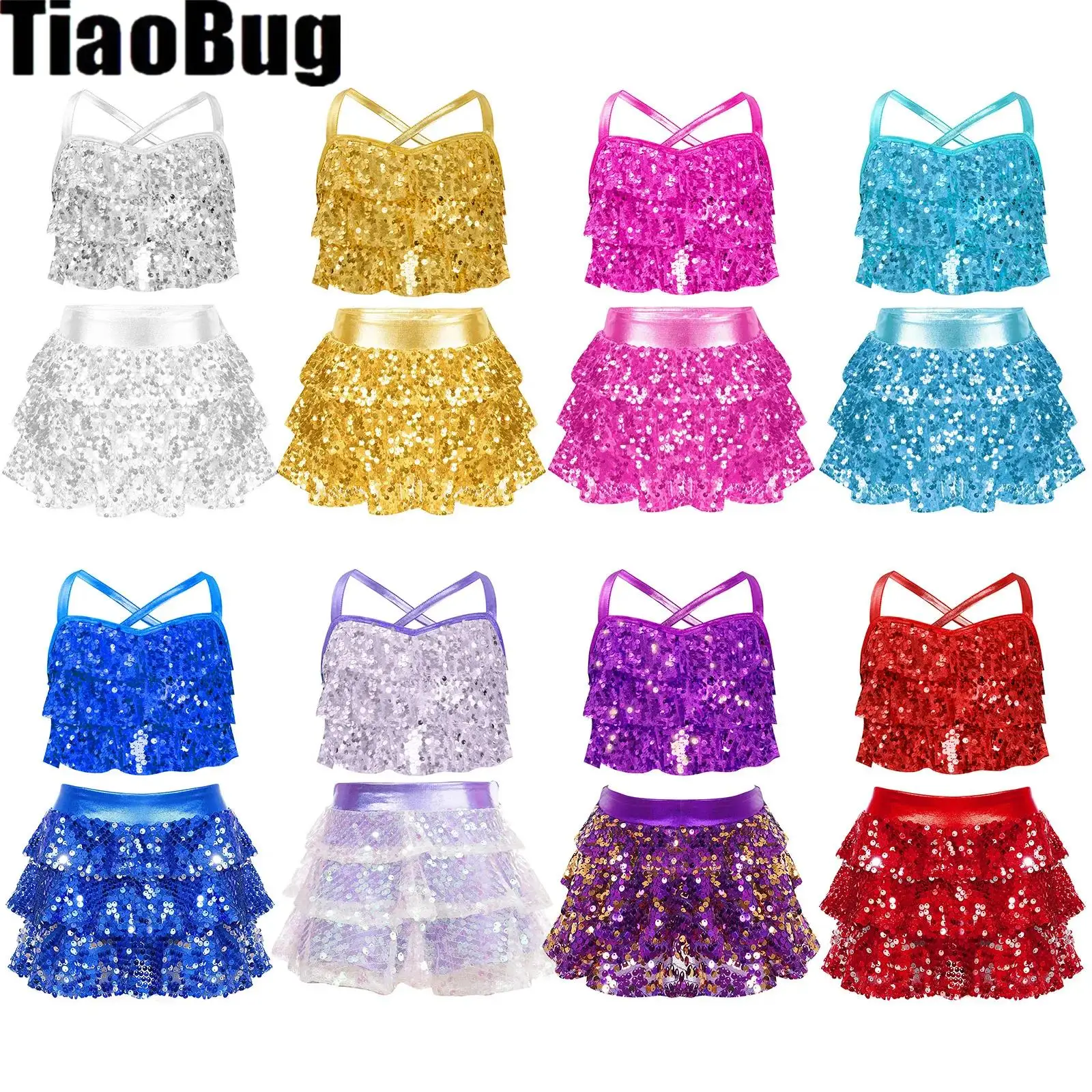 Kids Girls Metallic Sequins Jazz Sets Glittery Tiered Ruffles Cross Back Crop Top with Culottes for Performance Dance
