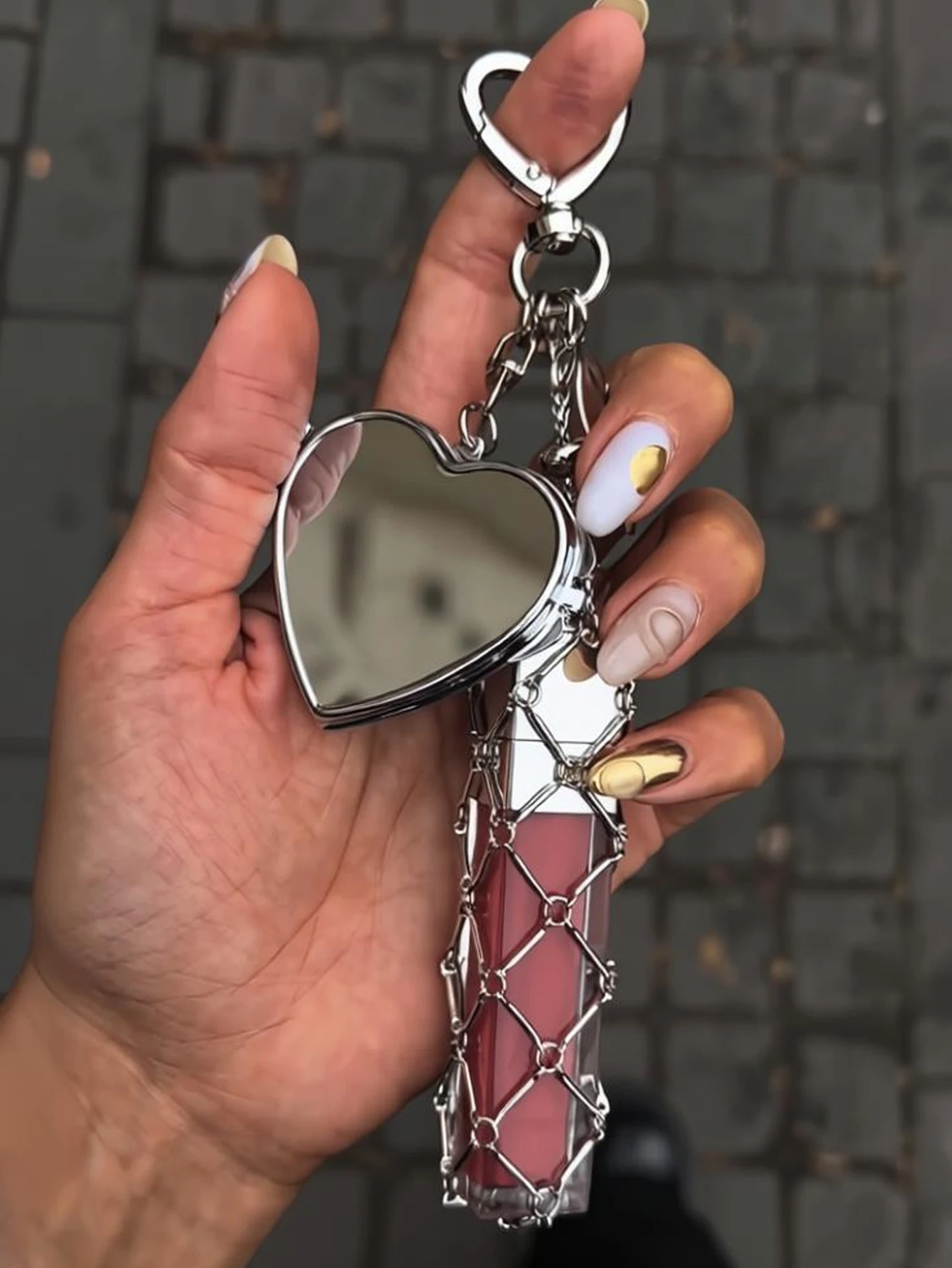 Tragbarer Lippenstifthalter aus Metall mit Mini-Spiegel, Stilvolle Hängende Dekoration Aufbewahrungsregal, Portables Make-up Aufbewahrungszubehör