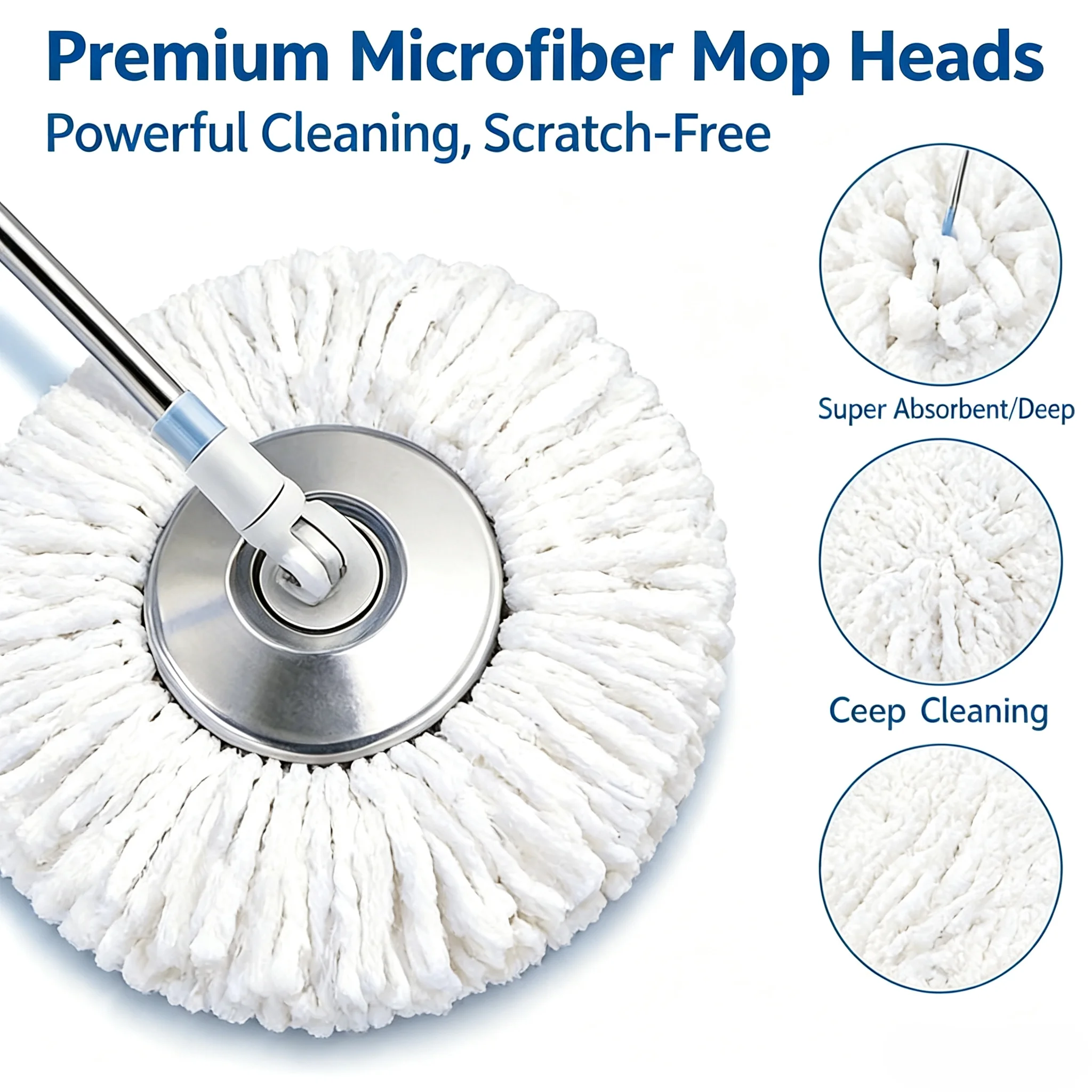 Spin Mop and Bucket Set, 360° Rotating Microfiber Floor Mop with Stainless Steel Wringer Basket, 3 Replacement Mop Heads, Adjustable Handle & Soap Dispenser, Easy Wring Cleaning System for Hardwood, Tile, Laminate Floors