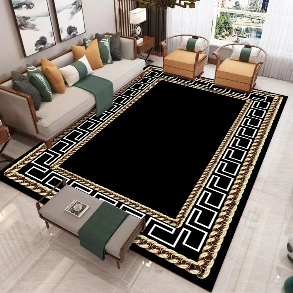 Modern Black Gold Greek Key Pattern Print Flannel Area Rug Luxury Design Soft Comfortable Floor Mat For Living Room