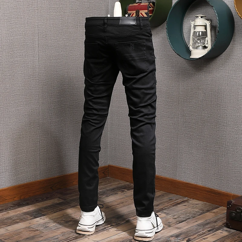 Fashion Streetwear Men Jeans High Quality Black Elastic Slim Fit Ripped Jeans Men Patchwork Designer Hip Hop Denim Punk Pants