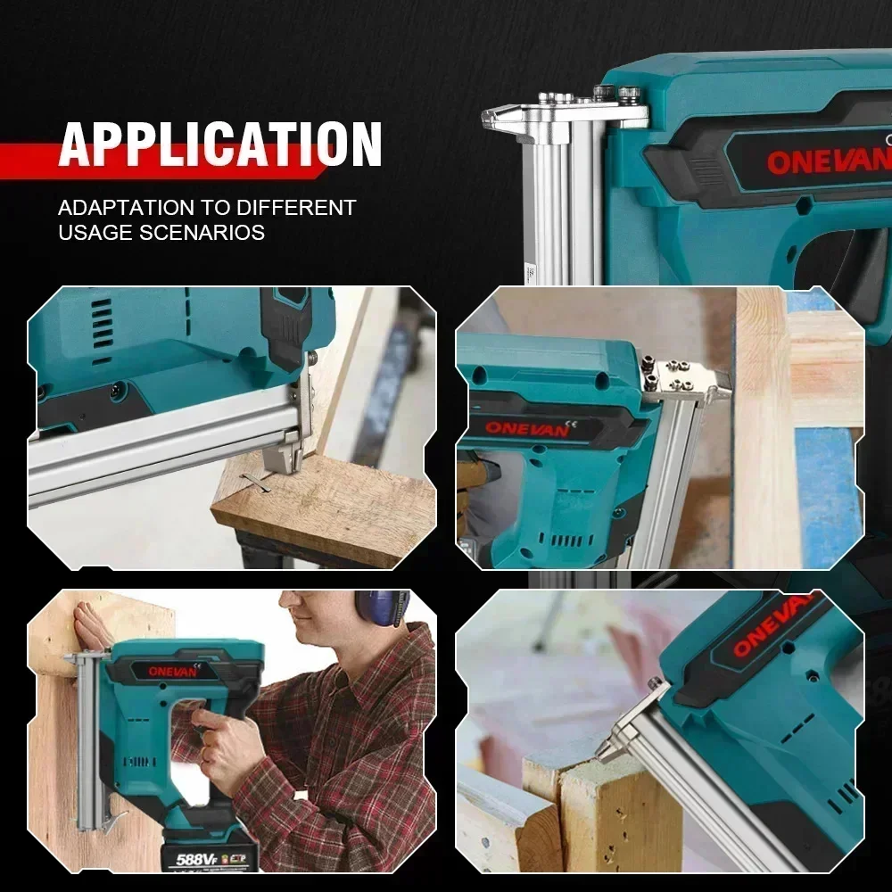 ONEVAN 2Gears 422J Brushless Cordless Electric Nailer Stapler Furniture Staple Gun Woodworking Tools For Makita 18v Battery