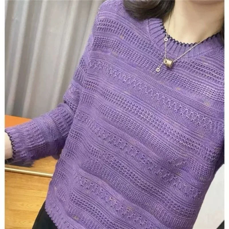 

Вязаный пуловер с круглым вырезом, дизайн 2025 г., свободный и тонкий повседневный вязаный крючком топ с длинными рукавами