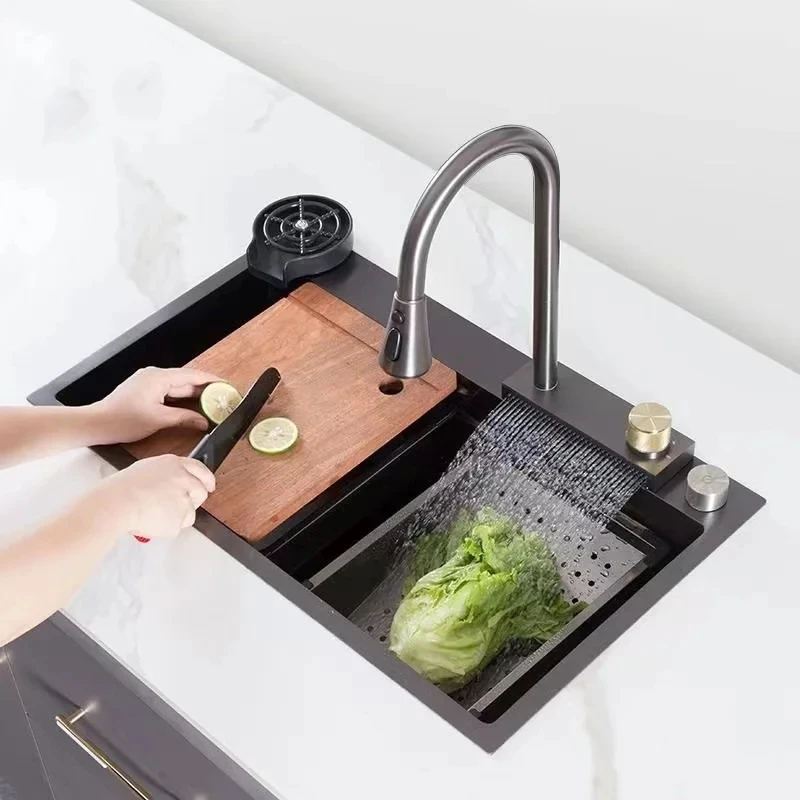 Kitchen sink, stainless steel, multifunctional waterfall faucet, large single sink sink CX002XS