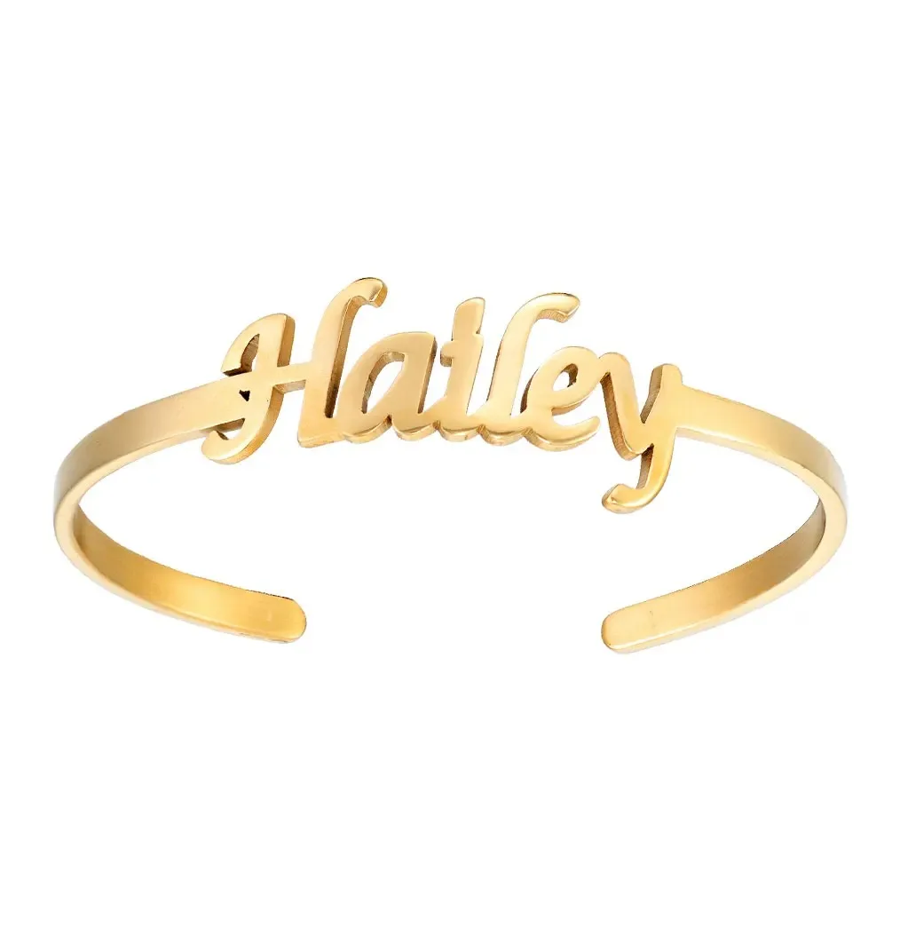 

Custom Personalized Name Cuff Bangles for Women Men Stainless Steel Gold plated Handwriting Script Nameplate Bracelets