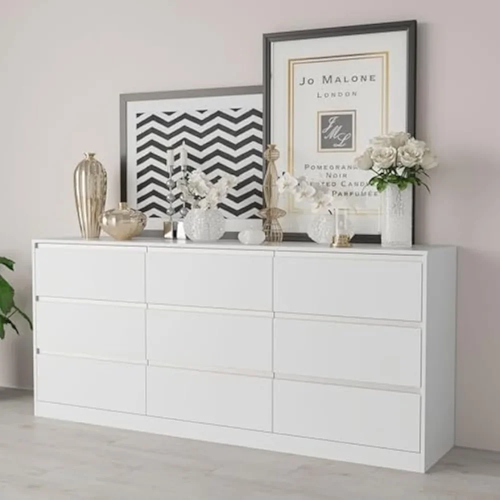 Long Bedroom Dresser with 9 Drawers, with Large Capacity Storage, Bedroom Furniture Modern Handle Free 9 White Drawer Dressers