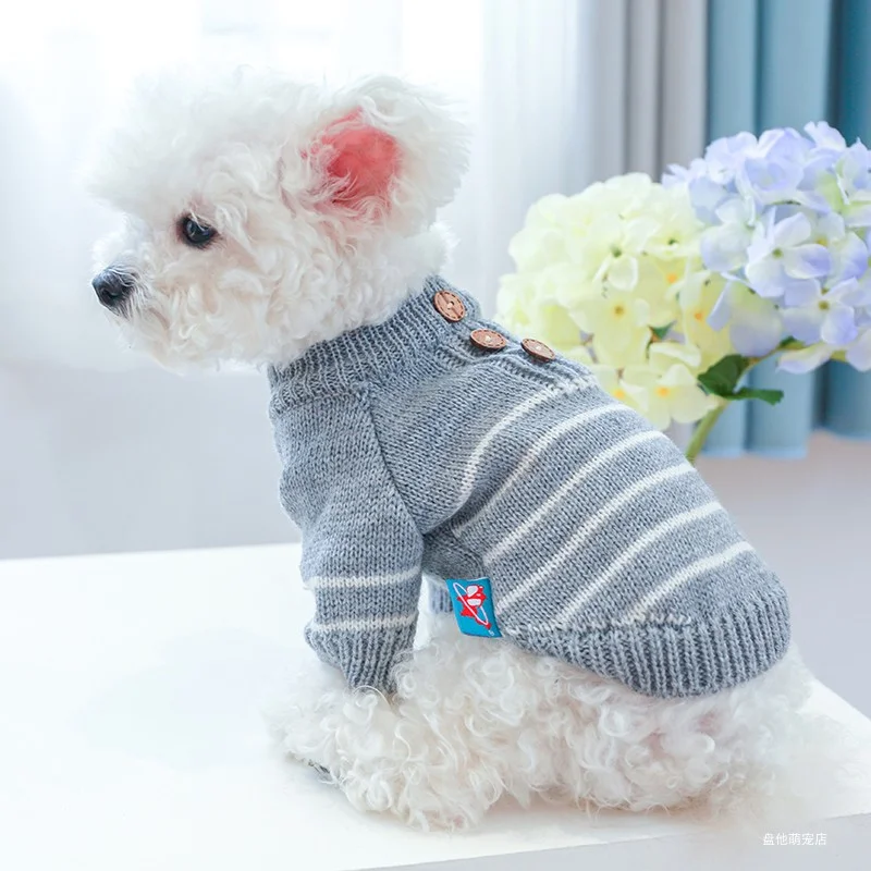 1PC Pet Clothing Cat Autumn and Winter Thickened Grey Stripe Pullover Elastic Knitted Sweater Suitable for Small and Medium Dogs