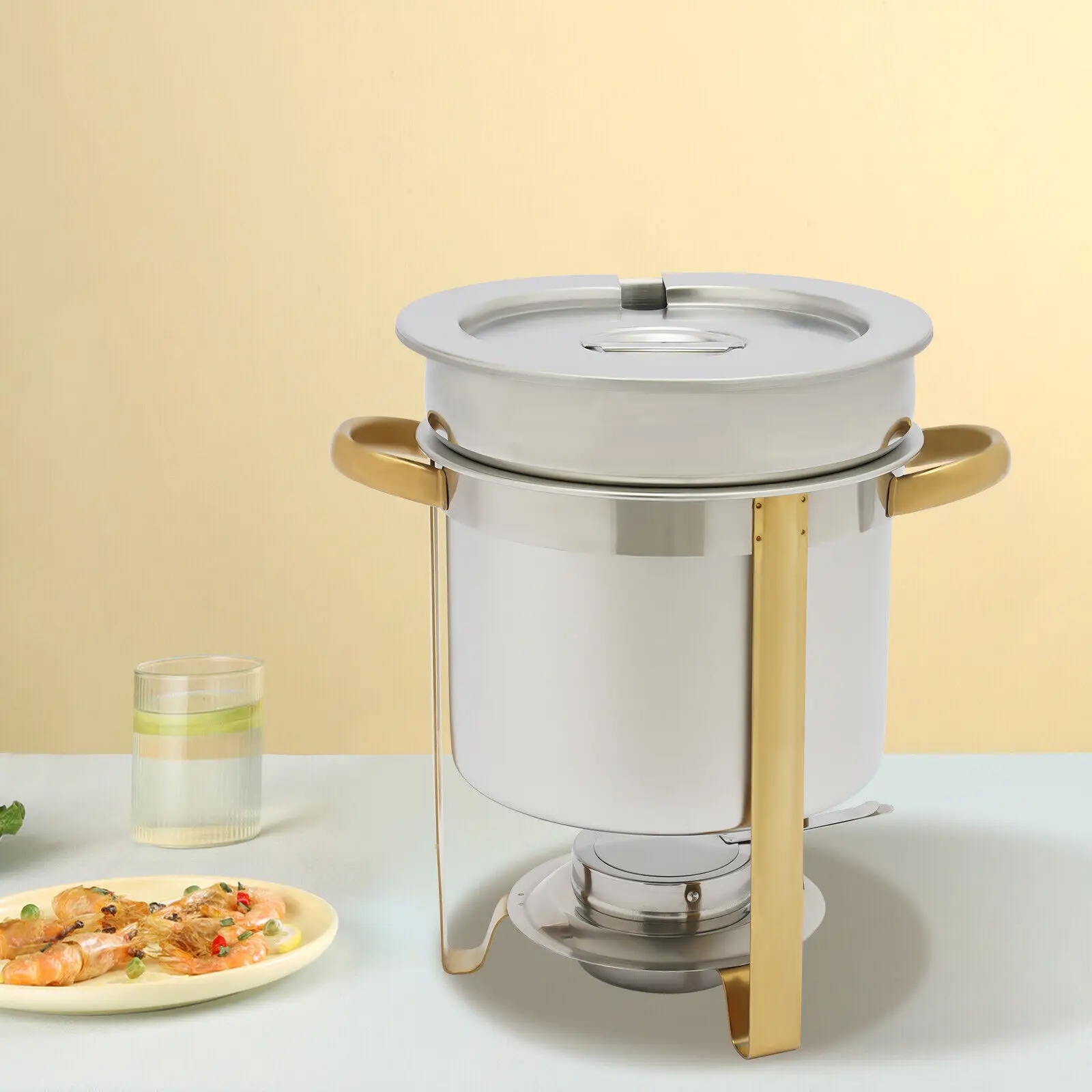 7L Gold ขนาดเต็มรอบซุป Chafer สแตนเลสบุฟเฟ่ต์เซิร์ฟเวอร์เครื่องอุ่นอาหาร