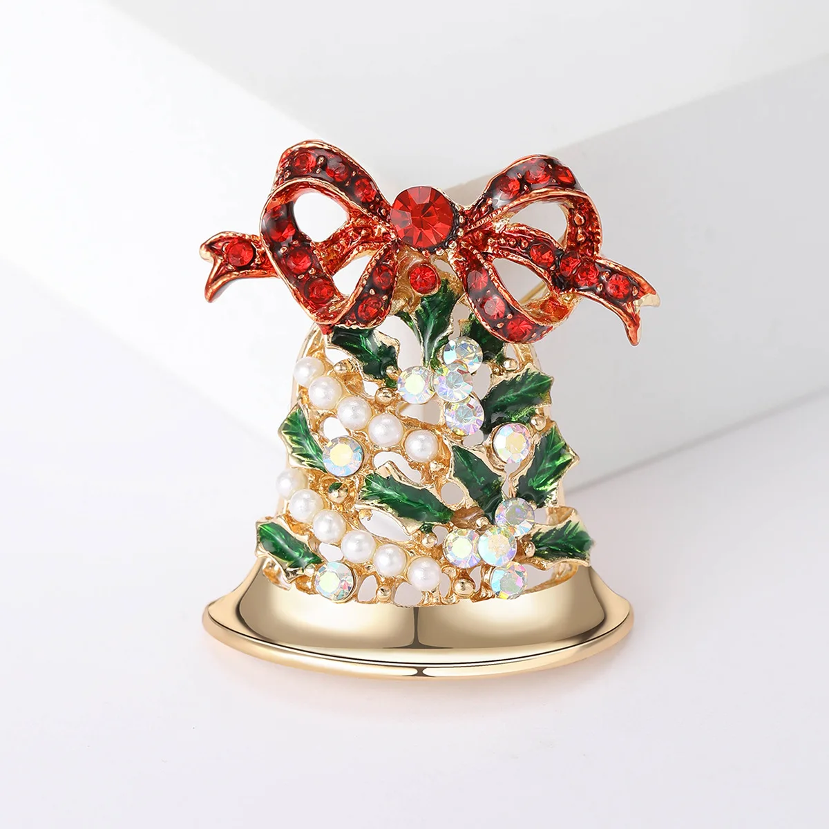 Christmas Bell Brooch Red Rhinestone Bow Faux Pearl Holly Leaf Enamel Lapel Pin Xmas Holiday Decoration Craft Gifts