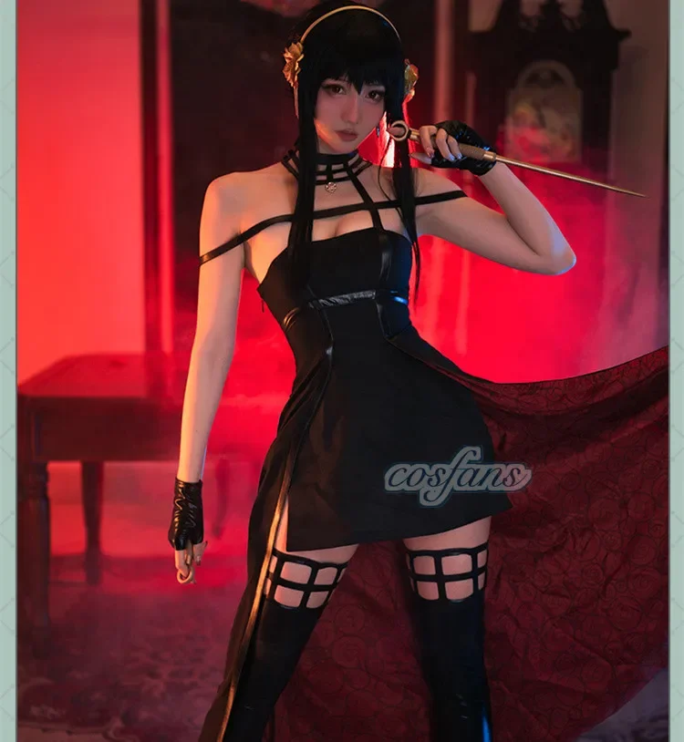 جاسوس X الأسرة يور مزور تأثيري القوطية الرسن فستان أسود جوارب جلدية الزي يور القرط شعر مستعار ملابس حريمي